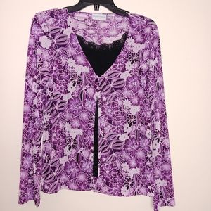 Jaclyn Smith Purple and Black Floral Top Split Front with Lace Trim